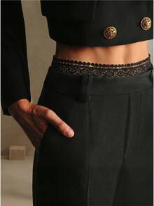 Anewsta Pantalones rectos de mujer con cintura alta, parche de encaje y drapeado sexy - Negro - Ver 1