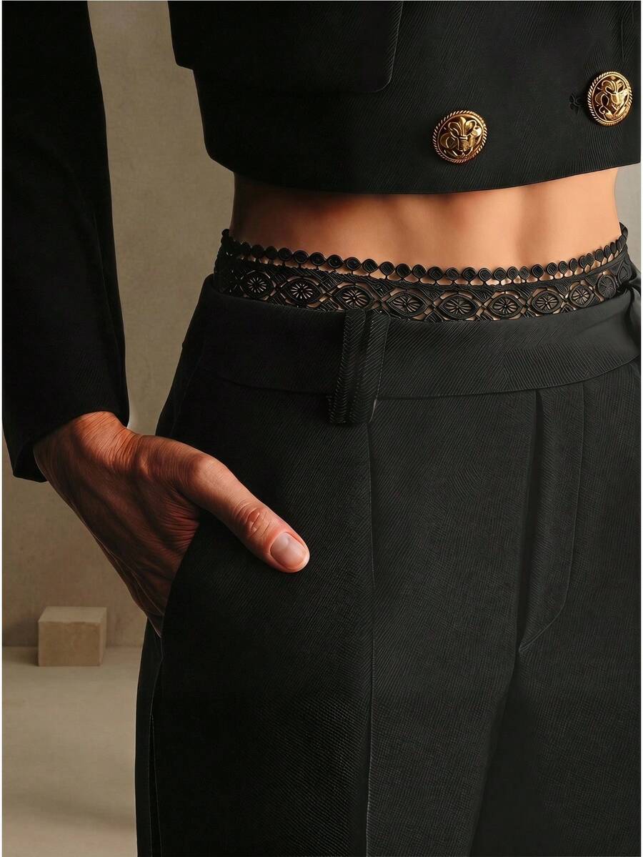 Anewsta Pantalones rectos de mujer con cintura alta, parche de encaje y drapeado sexy - Negro - Ver 1