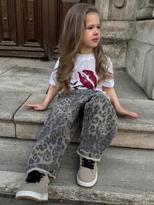 Dazy Kids Áo thun mùa hè dáng rộng in họa tiết da báo và hình môi cho bé gái - trắng - Xem 5
