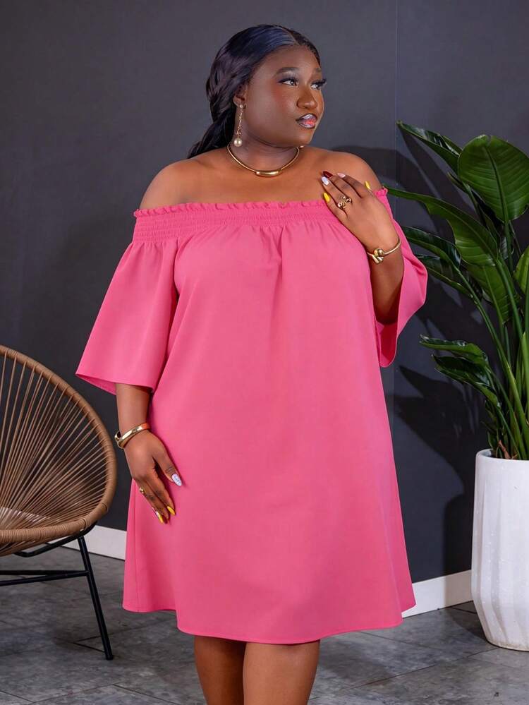 CurvyTilda Plus Size Women Off-Shoulder Elegant Commuting & Vacation A-Line Dress, Summer Outfits For Women, Sun Dresses For Women, For Hourglass Body Shape