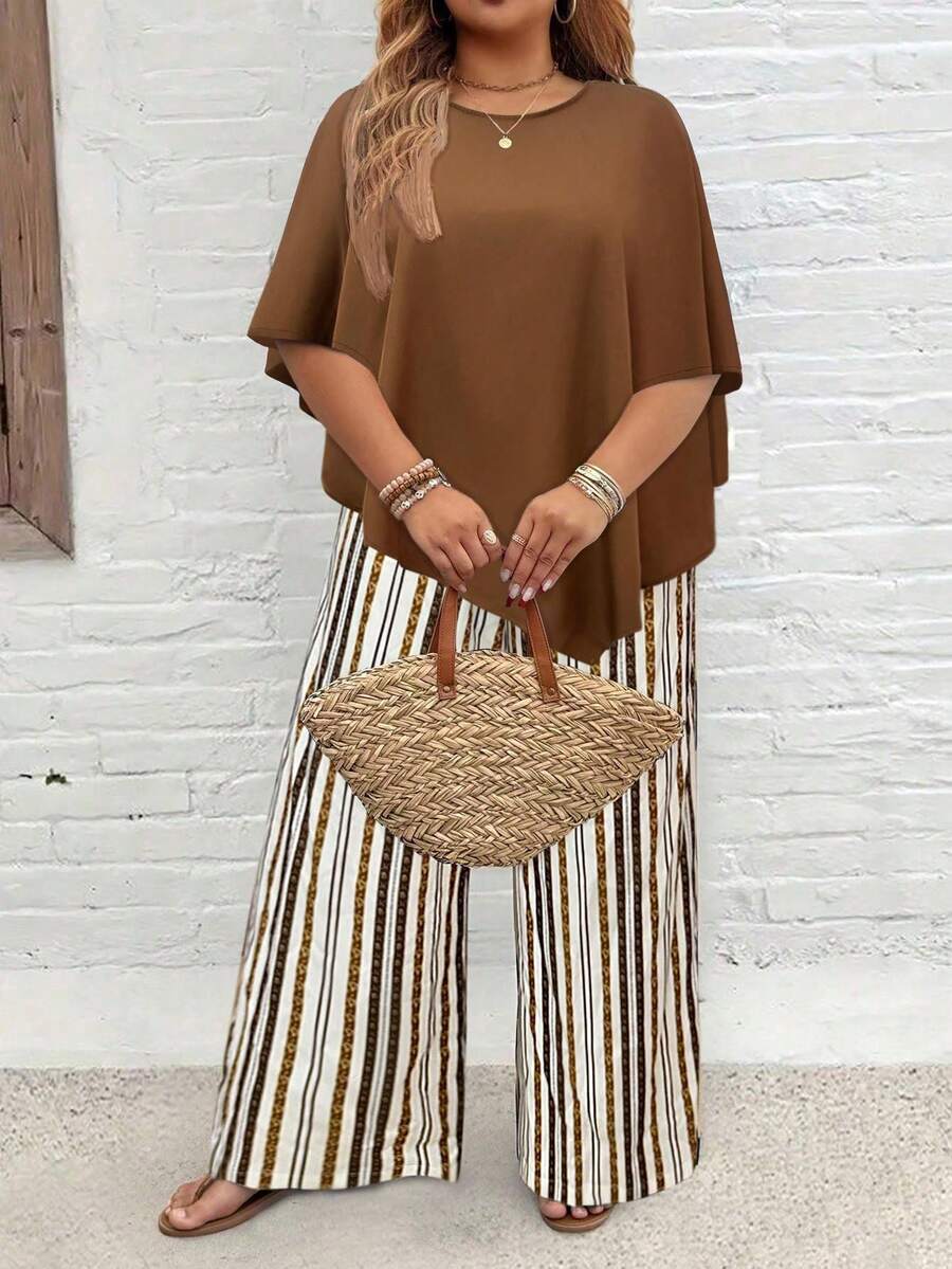 EMERY ROSE Plus Size Casual Solid Color Top And Striped Pants Set - Multicolor - View 1
