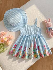 SHEIN Vintaside Kids 2pcs/Set Gaun Tanpa Lengan Model A-Line Motif Kelinci dan Bunga Garis-garis Biru Putih Lucu untuk Bayi Perempuan, Pakaian Liburan Musim Panas yang Segar untuk Pesta & Foto - Biru - View 4