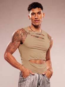 FeverCity Men's Sleeveless Crew Neck Hollow Out Casual Knit Vest, Spring/Summer - Apricot - View 3