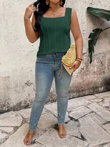 EMERY ROSE Plus Size Square Neck Tank Top, Vertical Pleats Design Flatters Figure, Loose Comfortable Fit, Friendly Shoulder Straps Dark Green Summer Casual - Dark Green - View 6