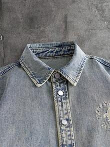 AXEPEAK Men's Fashion Embroidered Button Casual Denim Jacket - Blue - View 4