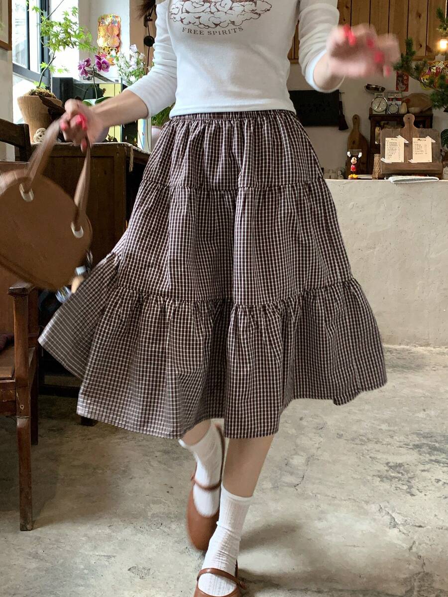 DAZY Falda a cuadros para mujer, estilo coreano fresco, adecuada para primavera y verano - Café integral - Ver 1