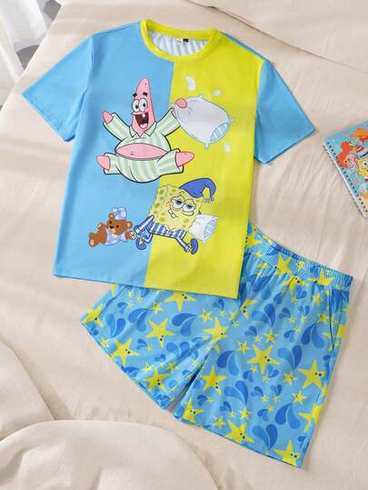 SpongeBob SquarePants | SHEIN 男士舒适撞色卡通图案圆领短袖T恤短裤睡衣套装，夏季