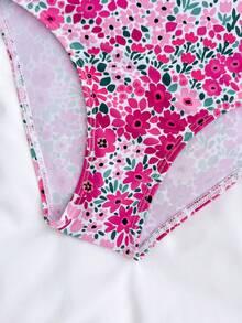 SHEIN 少女春夏针织碎花贝壳边撞色连体泳衣，适合海滩度假，甜美时尚，百搭各种场合，春夏款 - 玫紅色 - View 3