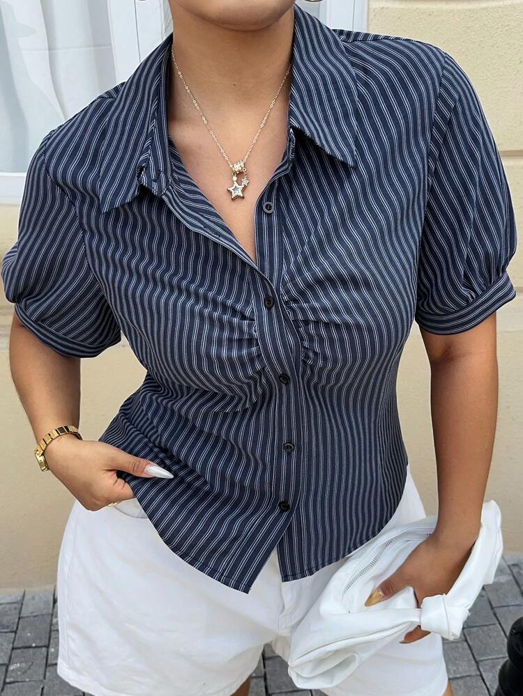 Dazy Plus Striped Pleated Waist Short Sleeve Collared Casual Vacation Summer Top, Cropped Shirt For Plus Size Women