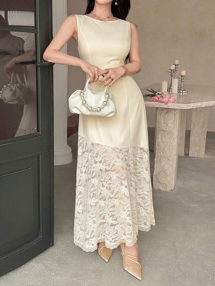 Feyla Đầm thanh lịch không tay cổ tròn, viền ren tương phản. - Màu vàng ngỗng - Xem 1