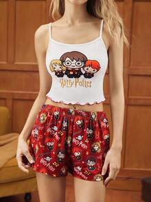 HARRY POTTER X SHEIN Women's Comfortable Cartoon Portrait Pattern Camisole And Shorts Pajama Set, Summer - Red and White - View 7