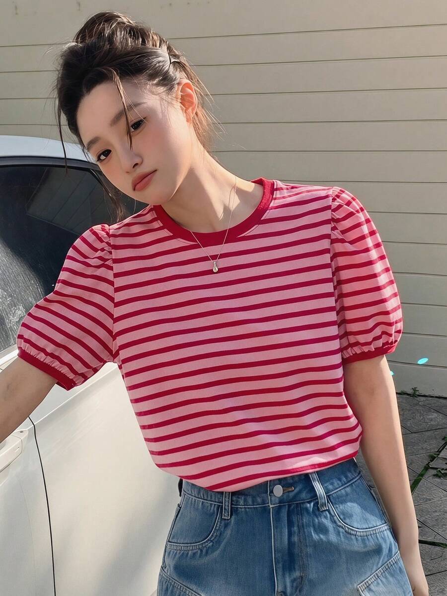 DAZY 女士条纹休闲花瓣袖T恤 夏季 - 粉色 - 查看 1