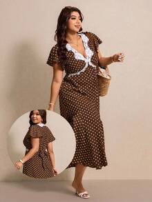 Elaquor Plus Size Women's Contrast Lace Polka Dot Ruffle Sleeve Elegant 70's 80s Midi Dress Summer Holiday New Arrivals Western Outfits Brown Party - Brown - View 10