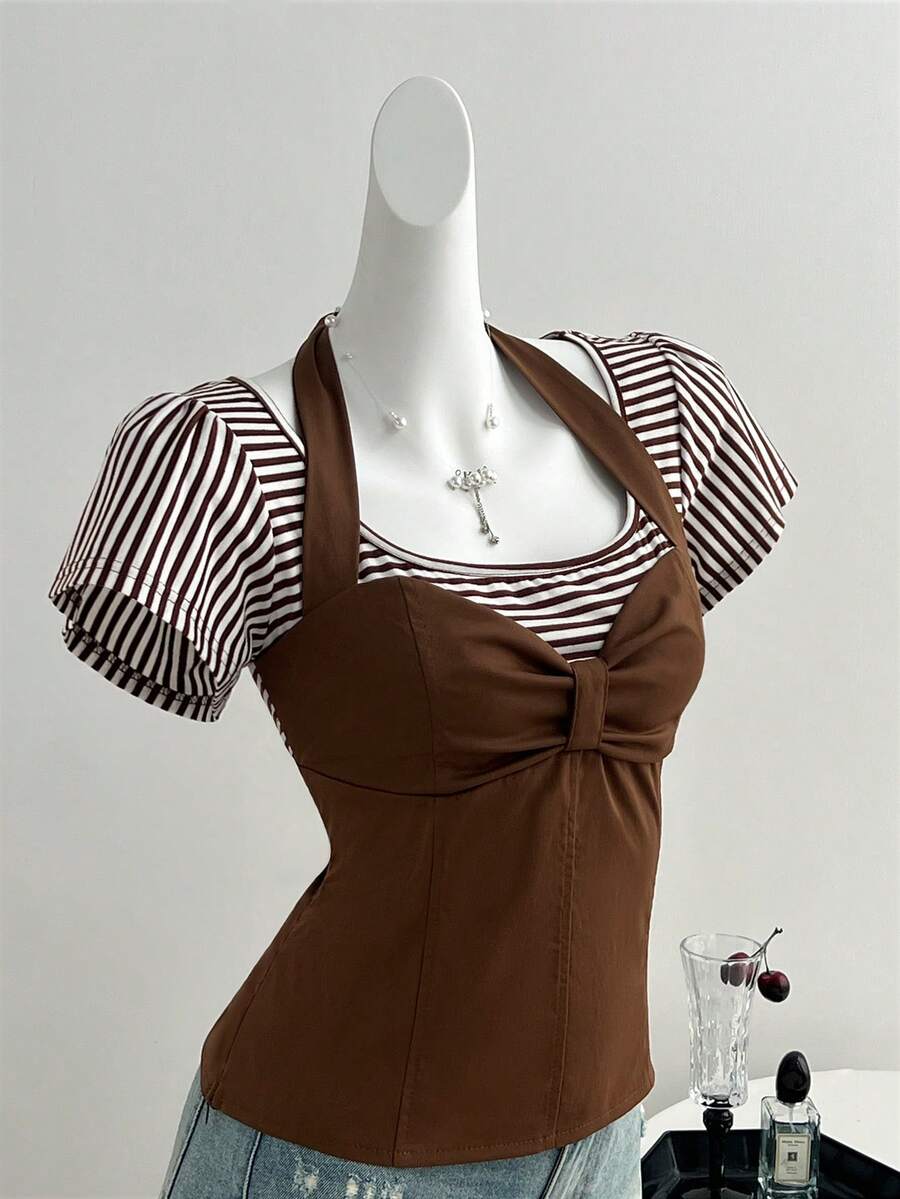 Elamini Women Striped 2 In 1 Pleated Casual Versatile Daily Wear Top - Multicolor - View 1