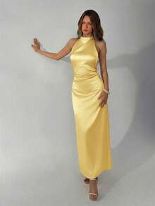 Aloruh Women's Yellow Draped Neck Tie-Waist Ruched Backless Dress, Summer, Dresses For Women Wedding Formal Party Elegant,Wedding Guest,Dresses For Women Summer - Pale Yellow - View 7
