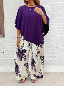EMERY ROSE Conjunto informal de mujer talla grande con top de cuello redondo de unicolor y pantalones de pierna ancha con estampado floral - Multicolor - Ver 7
