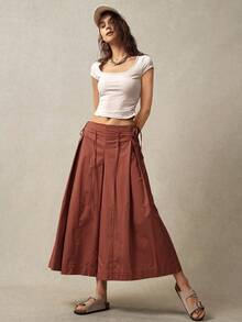 Bohemela Women's Solid Color Pleated Wide Leg Pants, Vacation - Rust Brown - View 3