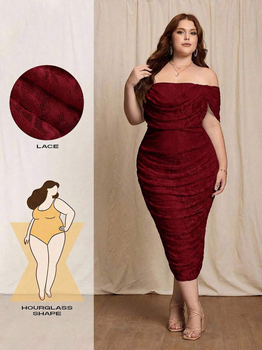 SHEIN MOD Plus Size Women's Off Shoulder Ruffle Lace Elegant Waist Cinching Cocktail Party Dress - Burgundy - View 1