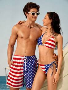 Manfinity VDAYZ Shorts de Praia Masculinos de Secagem Rápida com Bandeira Nacional para o Dia da Independência & Roupa de Banho Combinando para Casal para Festa na Piscina, Férias Casuais de Verão - Azul e Branco - Visão 7