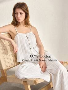 Ocili Leisure Comfortable Cotton Cutout Bohemian Soft Camisole Pants Set, Relaxed Minimalist Drawstring Chic Autumn Pajamas For Women - White - View 1