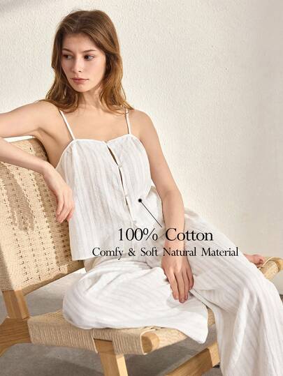 Ocili Bộ đồ ngủ mùa thu thoải mái, dễ chịu bằng chất liệu cotton, kiểu dáng bohemian, gồm áo hai dây và quần, quần dài, đồ ngủ tối giản, thanh lịch có dây rút dành cho nữ.