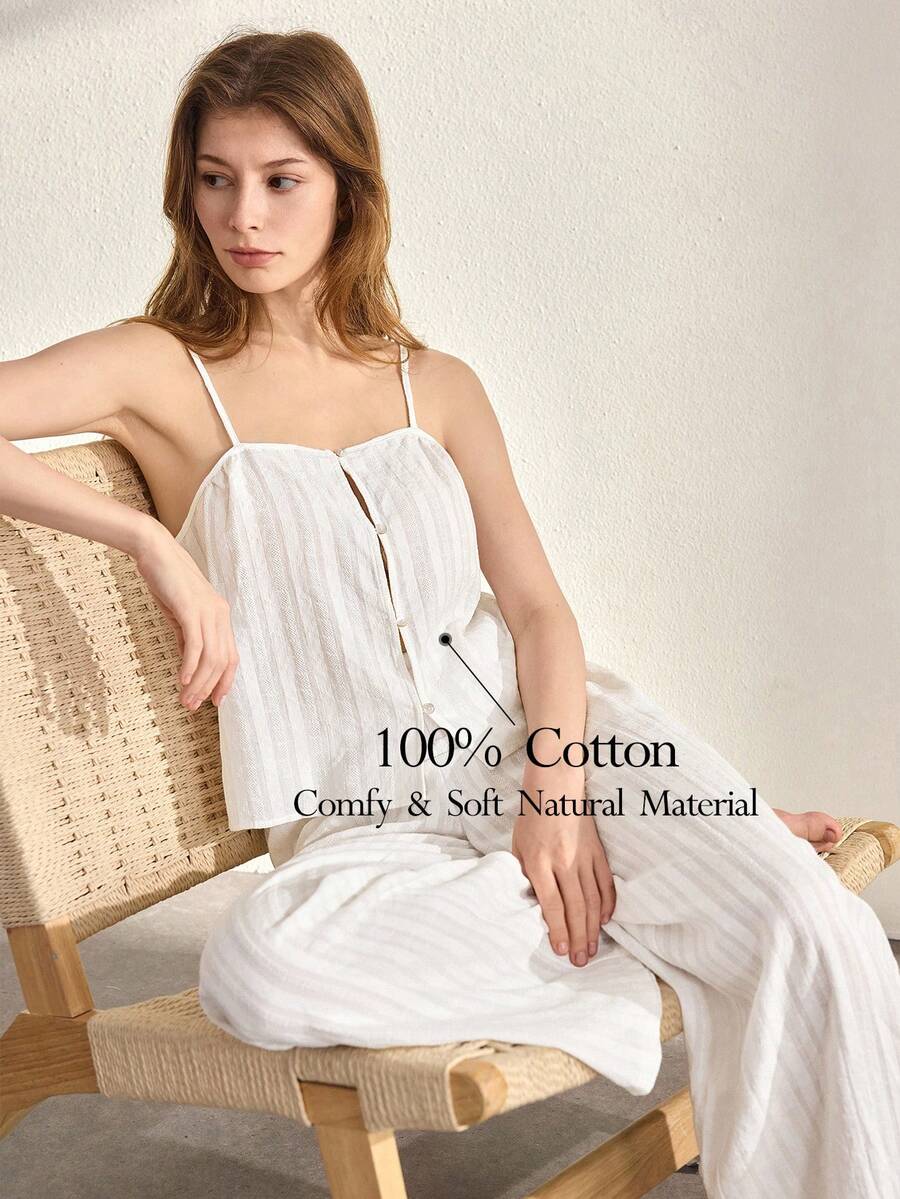Ocili Leisure Comfortable Cotton Cutout Bohemian Soft Camisole Pants Set, Relaxed Minimalist Drawstring Chic Autumn Pajamas For Women - White - View 1