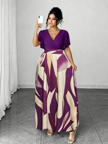 Elenzga Đầm maxi dáng rộng dành cho nữ cỡ lớn, phong cách Bohemian, thích hợp cho kỳ nghỉ biển, du lịch thường ngày, thanh lịch, cao cấp, với họa tiết hình học bất đối xứng đầy màu sắc, thời trang, quyến rũ, cổ tròn, tay bồng. - Màu tím - Xem 7