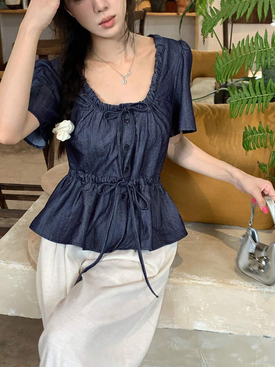DAZY Áo sơ mi denim tay ngắn buộc dây phía trước dành cho nữ, kiểu dáng thường ngày, thích hợp cho mùa xuân/hè. - Màu xanh lam - Xem 1