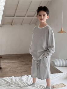 Dazy Kids 条纹圆领基础款男童睡衣套装（加大码） - 白色 - 查看 2