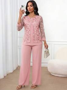 SHEIN Lady Bộ 2 món dành cho nữ, gồm áo và quần dài cài cúc phía trước, có chi tiết ren và đính sequin. - Hồng - Xem 7