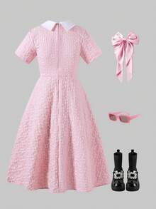 SHEIN ChillGRL 菱形领提花纹理面料A字型长裙，时尚优雅，适合夏季少女穿着 - 粉色 - 查看 2