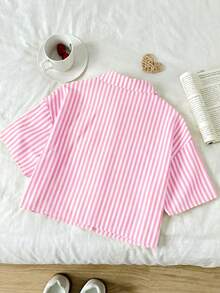 SHEIN 少女休闲日常时尚黄黑条纹宽松短袖衬衫 - 粉色 - 查看 2