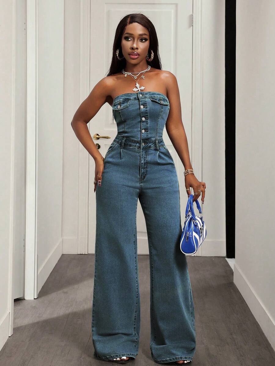Slaydiva Jumpsuit Denim Model Tube Top dengan Kancing dan Kantong untuk Wanita di Resor - Medium Wash - View 1