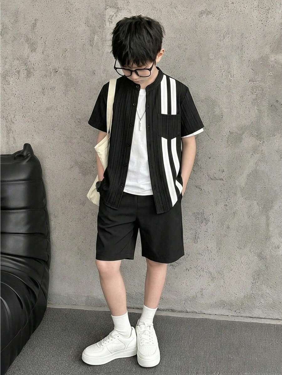 SHEIN Mirajuku 2pcs/Set Tween BoysWhite Shirt With Contrast Floral Pattern, Loose White Pants With Contrast Pattern, And Ribbon Decor - Black - View 1