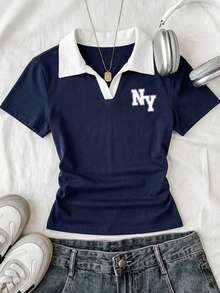 Attitoon Casual Minimalist Style College NY Letter Placement Print Polo Neck T-Shirt, Navy Blue, Versatile For Spring/Summer - Multicolor - View 4
