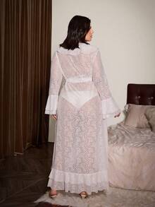 Slumberist Romantic White Floral Lace Sheer Long Sleeve Double Ruffle Trim Open Front Plus Size Women Robe - White - View 2