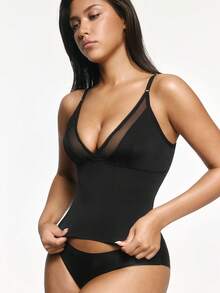 SHAPORA Seamless Padless Adjustable Strap Solid Color Lace Trim Front Mesh Base Top - Black - View 2