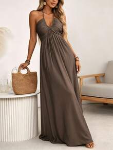 Wandoria Women's Brown Linen Blend Spaghetti Strap Tie Bow Front Ruffle Shirred A-Line Maxi Dress,Summer Casual Holiday Vacation Holiday Sundress - Coffee Brown - View 7