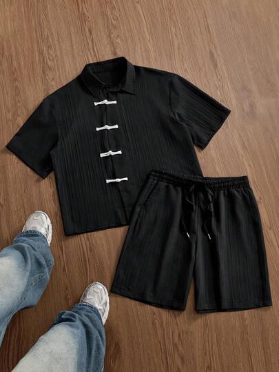 SWAVVY Men's Polo Collar Button-Up Short Sleeve Shirt And Shorts Casual Daily Outfit