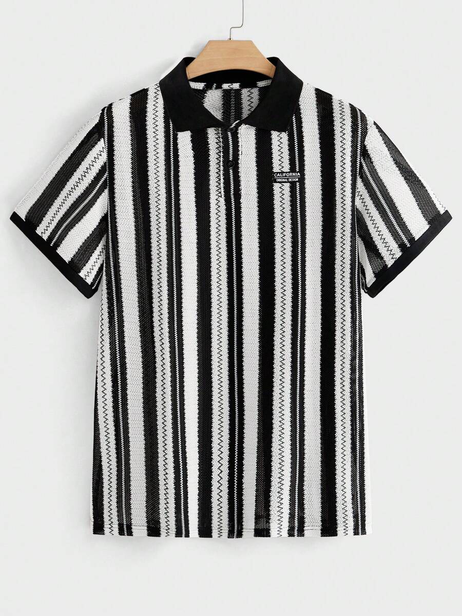 EASEVO Plus Size Men Casual Striped Short Sleeve Letter Printed Polo Shirt - Multicolor - View 1