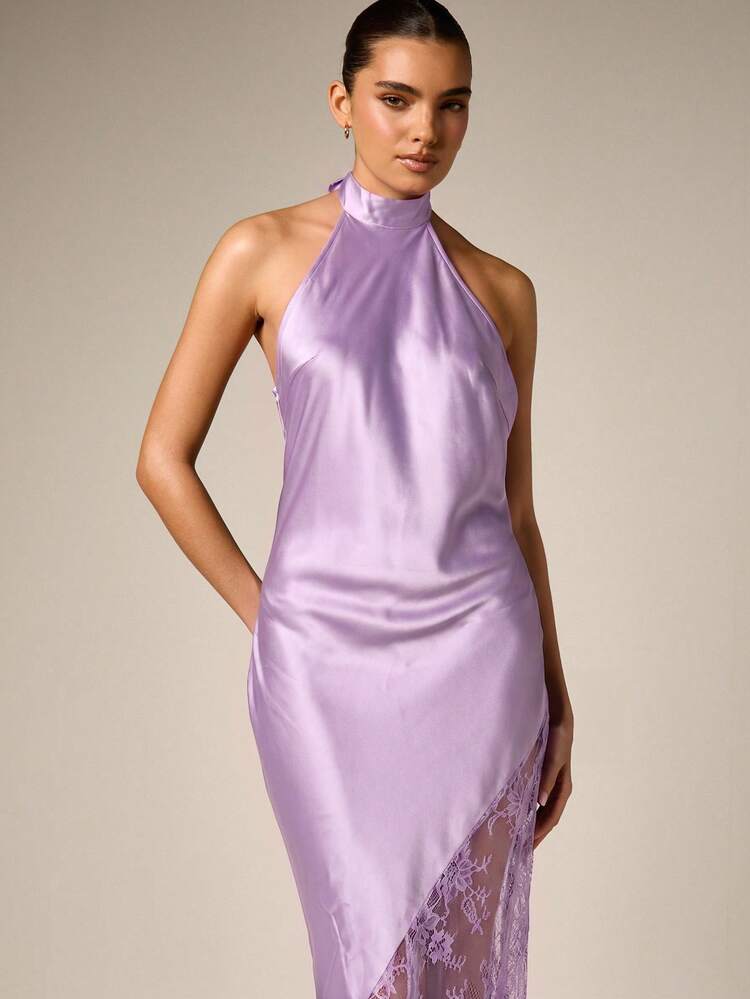 Satin Halter Maxi Dress With Lace Panel