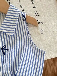 SHEIN LMoss Kids 女婴花卉印花休闲梭织衬衫，夏季 - 藍白色 - 查看 5
