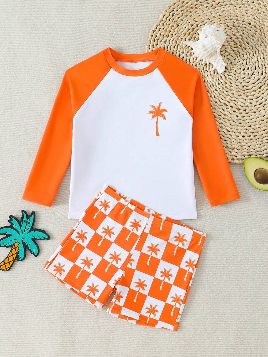 SHEIN 2pcs/Set Young Boys' Casual Swimwear, Striped Swim Trunks + Solid Color Rash Guard, Suitable For Swimming, Beach Vacation - Orange - View 1
