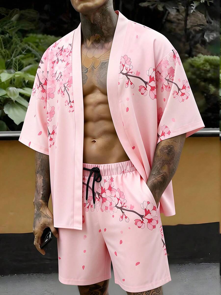 Manfinity RSRT Men's Floral Print Short Sleeve Button-Down Shirt And Shorts Casual Suit, Holiday - Pink - View 1