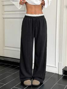 SHEIN EZwear Contrast Color Lace Patchwork Drawstring Waist Oblique Pocket Women's Pants - Black - View 5