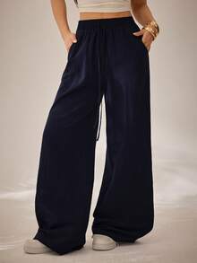 SHEIN PETITE Trang phục mùa hè dành cho nữ, thích hợp đi xem hòa nhạc, đi biển, phong cách boho cơ bản tối giản, quần trắng 100% cotton đã giặt, ống quần cong. - Màu xanh hải quân - Xem 5
