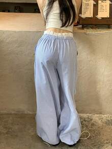 DAZY 女款休閒條紋寬鬆韓系對比色二合一長褲 度假風 - 淺藍色 - 查看 2