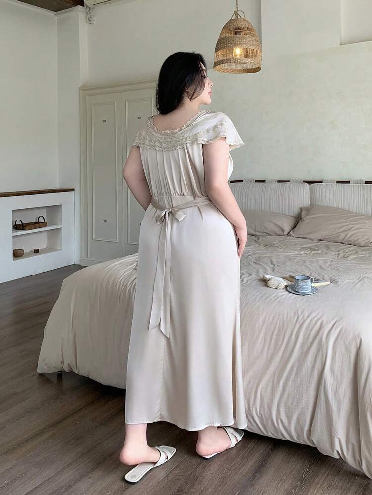 Dazy Plus Plus Size Women Contrast Lace Ruffle Elegant Nightgown