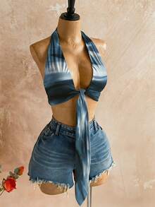 Soleia 女士扎染印花前打结露脐吊带上衣 - 藍色 - 查看 6