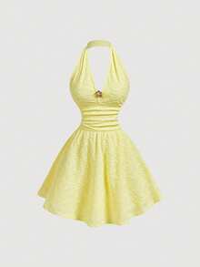 Vestido mini elegante con cintura fruncida y estampado de cerezas, adecuado para citas y fiestas - Amarillo - Ver 2